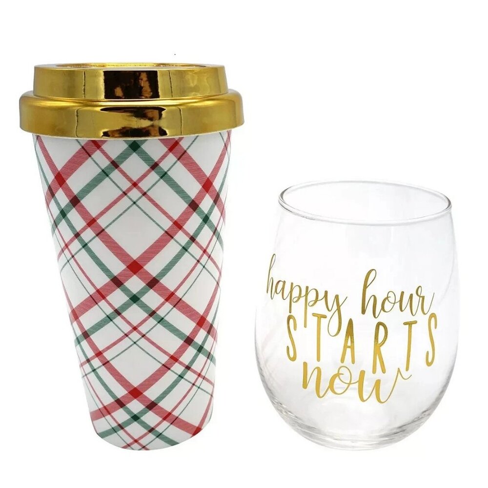 TMD Holdings 2-Piece Holiday Plaid Acrylic Travel Mug & Stemless Wine Glass Set
